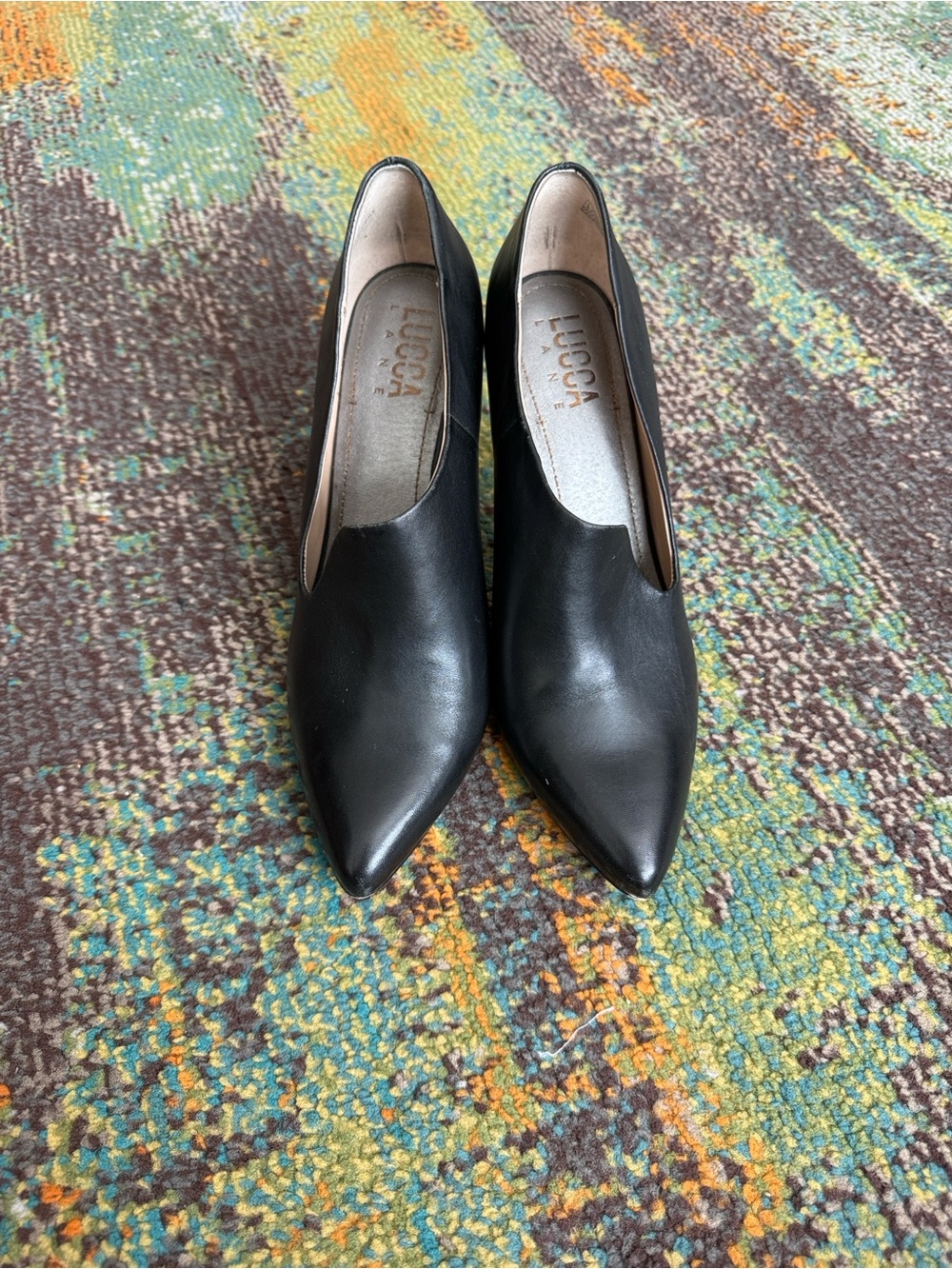 LUCCA Black Leather Pointed-Toe Block Heel Pumps